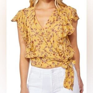 Paige Trista 100% Silk Floral Wrap Flutter Sleeve Blouse Top Sheer Yellow S